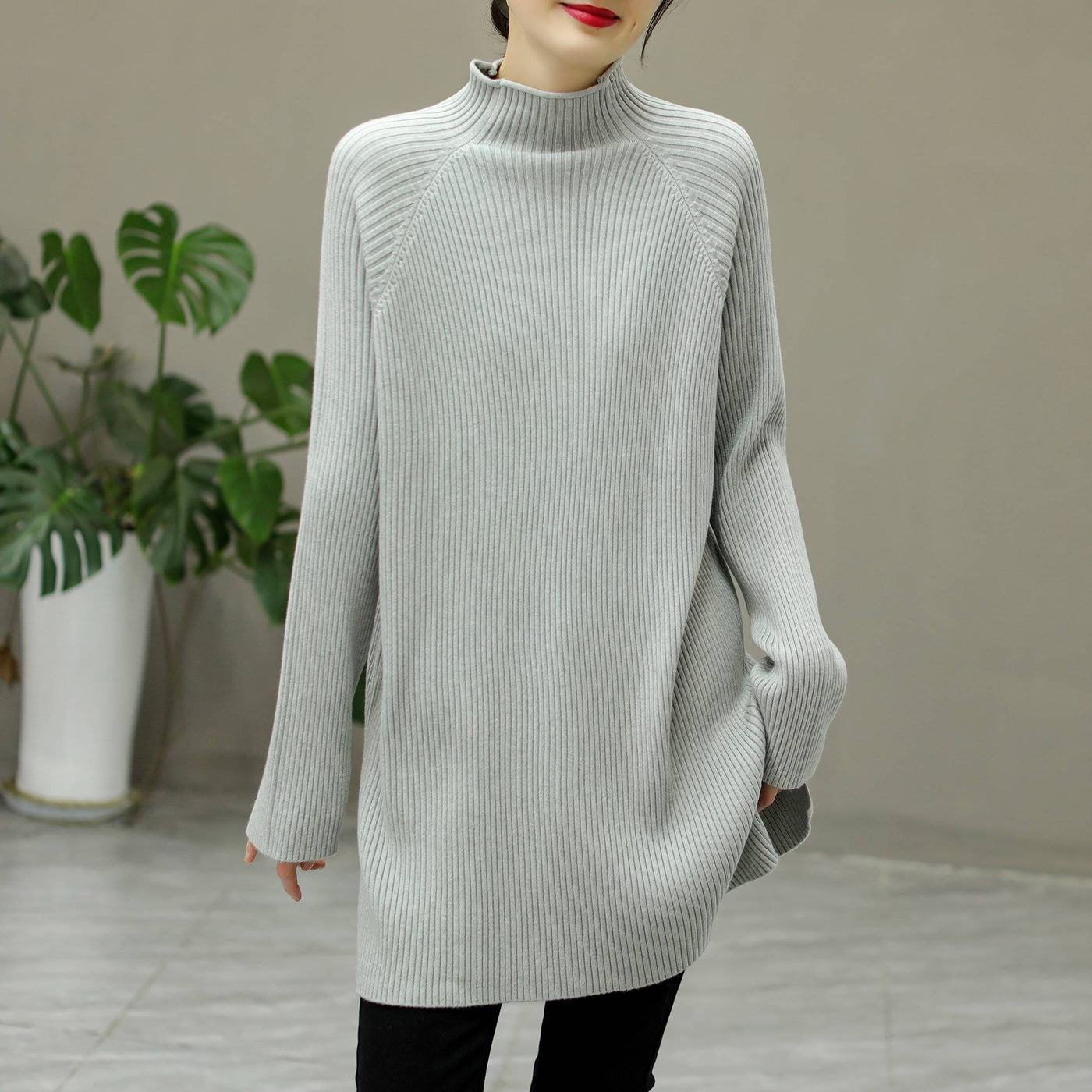 Winter Knitted Solid Stripe Turtleneck Elastic Long Sweater Dec 2022 New Arrival One Size Gray 