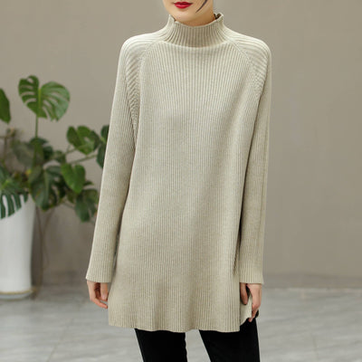 Winter Knitted Solid Stripe Turtleneck Elastic Long Sweater Dec 2022 New Arrival One Size Khaki 
