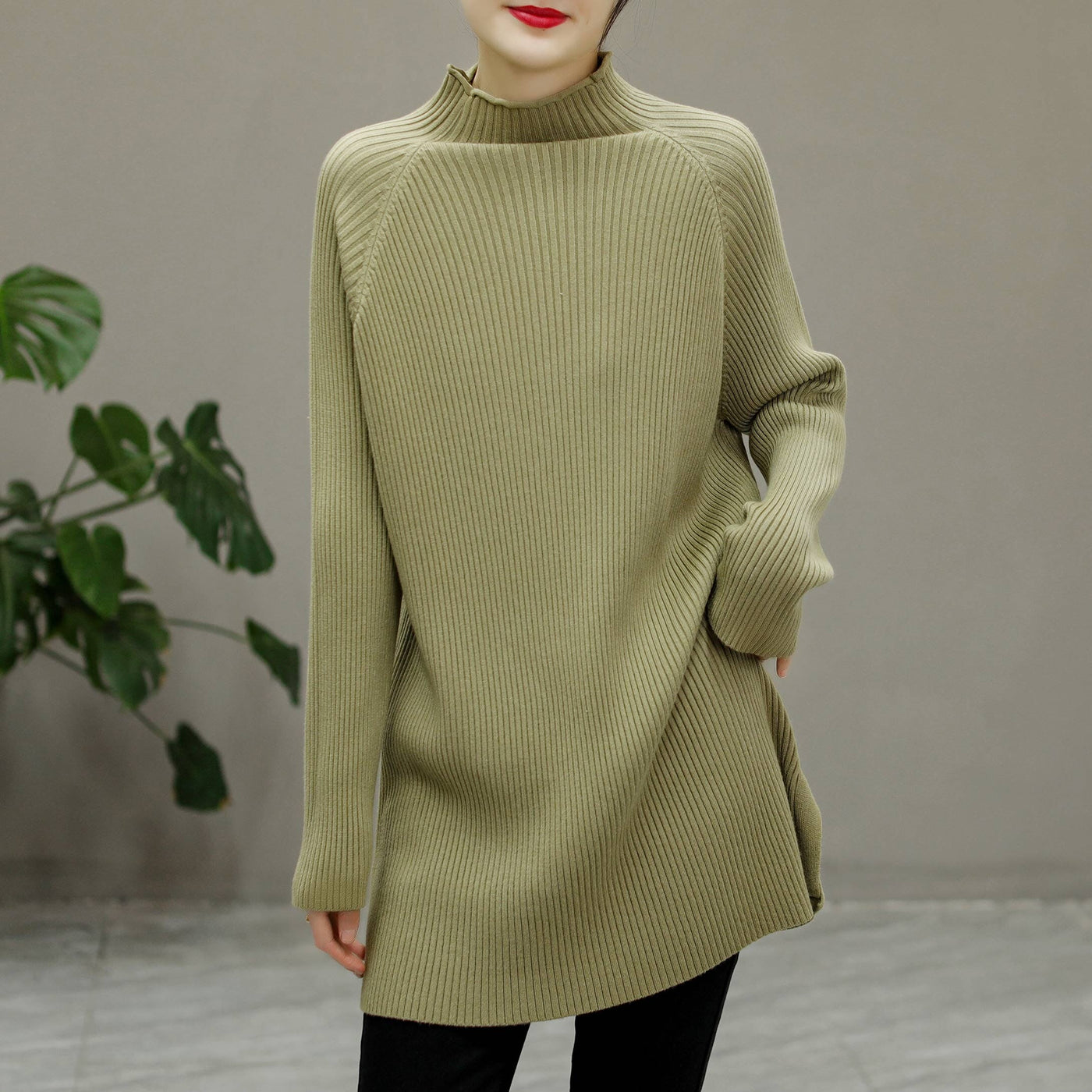 Winter Knitted Solid Stripe Turtleneck Elastic Long Sweater Dec 2022 New Arrival One Size Light Green 