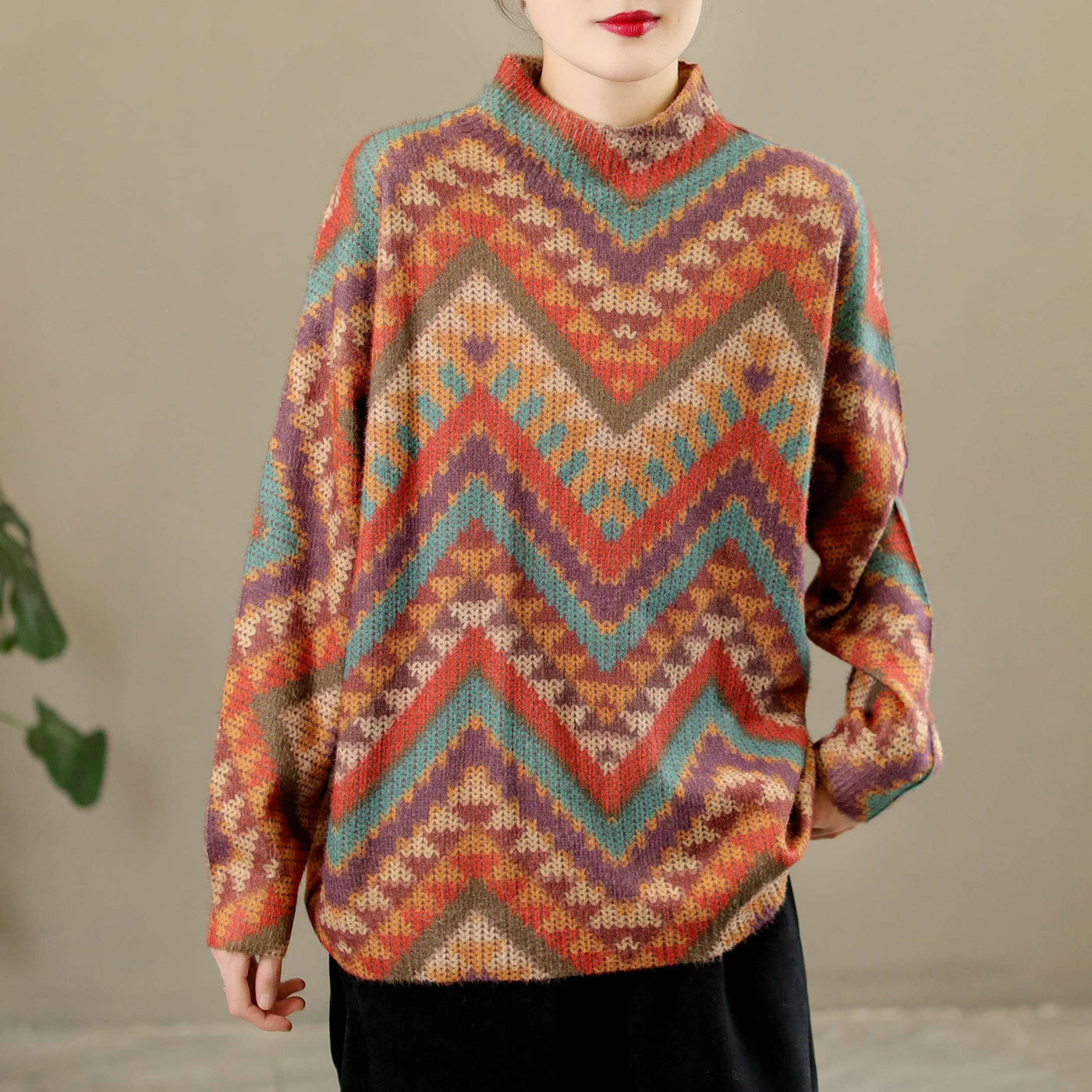 Winter Loose Retro Print Knitted Sweater Dec 2022 New Arrival One Size Red 