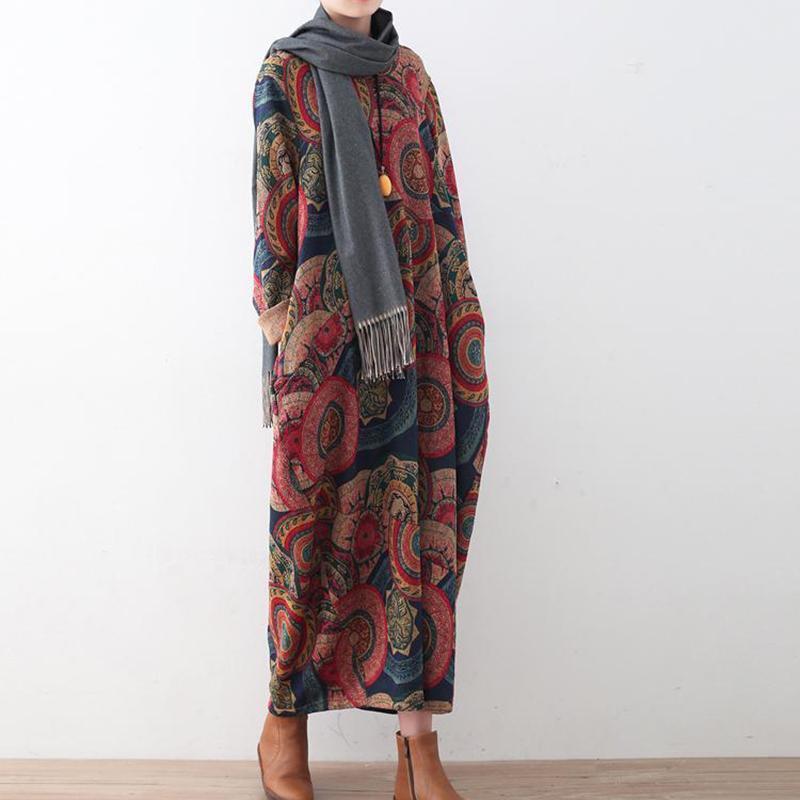Winter Loose Vintage Print Thick Sweater Dress - Babakud