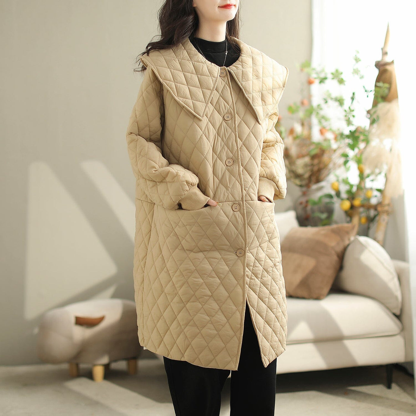 Winter Minimalist Solid Casual Loose Cotton Coat Oct 2023 New Arrival One Size Khaki 
