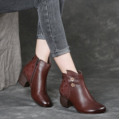 Winter Plush Retro Leather Floral Decoration Casual Boots Jan 2022 New Arrival 35 Brown 