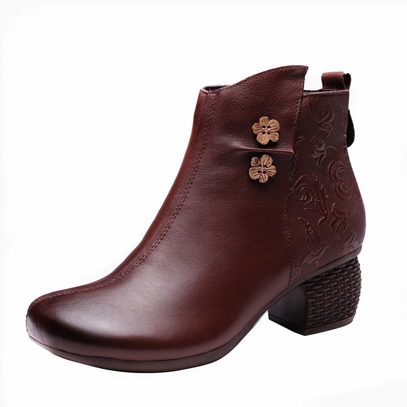 Winter Plush Retro Leather Floral Decoration Casual Boots Jan 2022 New Arrival 