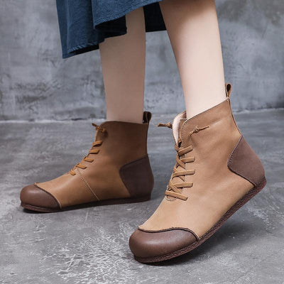 Winter Retro Color Matching Leather Flat Handmade Boots Dec 2021 New Arrival 35 Camel 