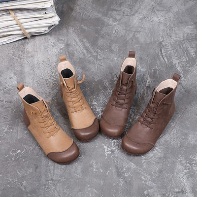 Winter Retro Color Matching Leather Flat Handmade Boots