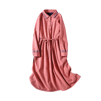 Winter Retro Embroidery Cotton Linen Furred Dress