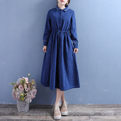 Winter Retro Embroidery Cotton Linen Furred Dress Nov 2022 New Arrival One Size Navy 