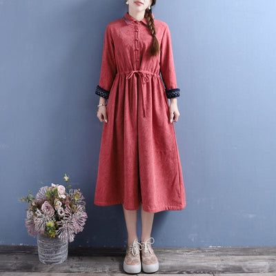 Winter Retro Embroidery Cotton Linen Furred Dress Nov 2022 New Arrival One Size Pink 