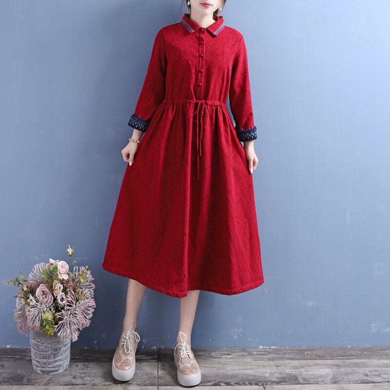 Winter Retro Embroidery Cotton Linen Furred Dress Nov 2022 New Arrival One Size Red 