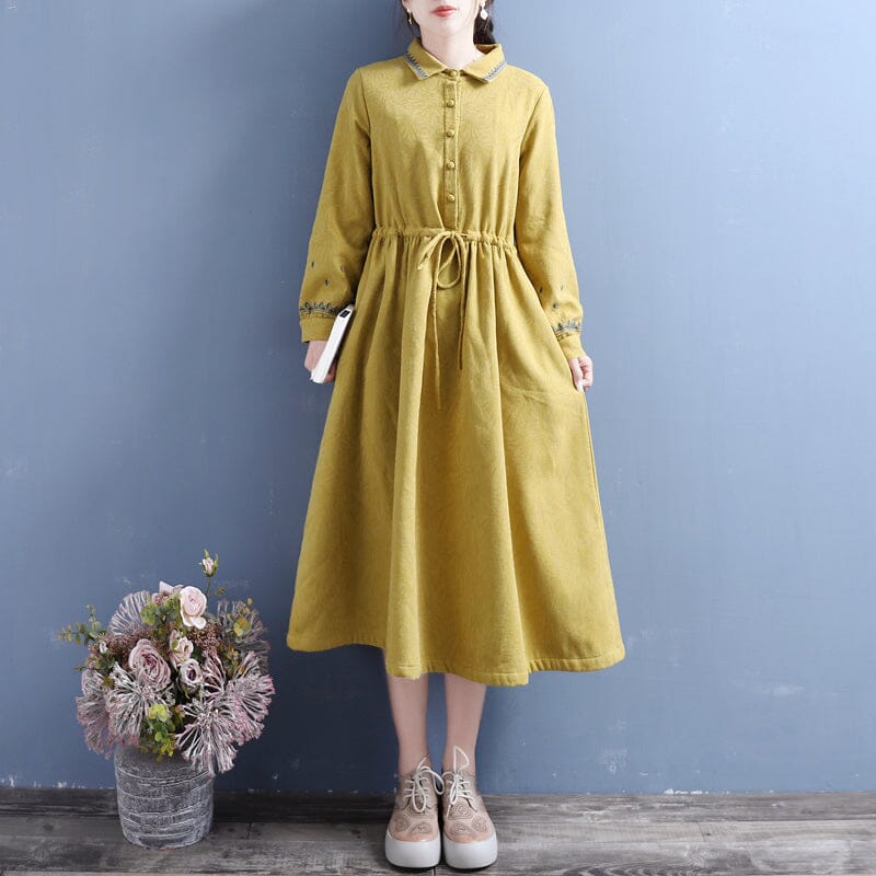 Winter Retro Embroidery Cotton Linen Furred Dress Nov 2022 New Arrival One Size Yellow 