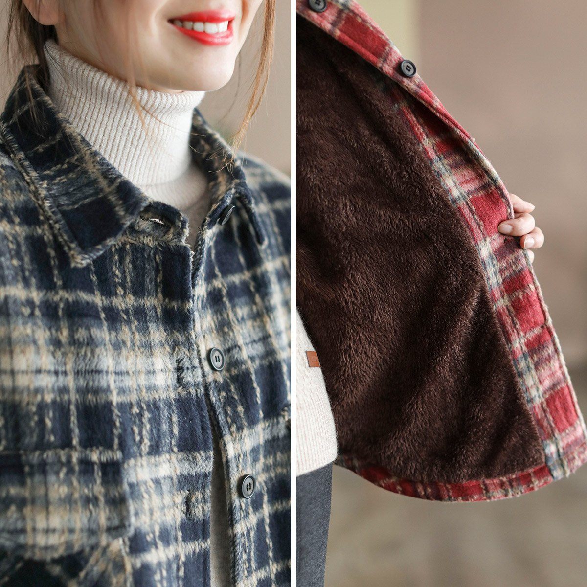 Winter Retro Faux Fur Plaid Woolen Coat