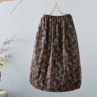 Winter Retro Floral Casual Loose Cotton Linen Skirt Dec 2021 New Arrival One Size Brown 