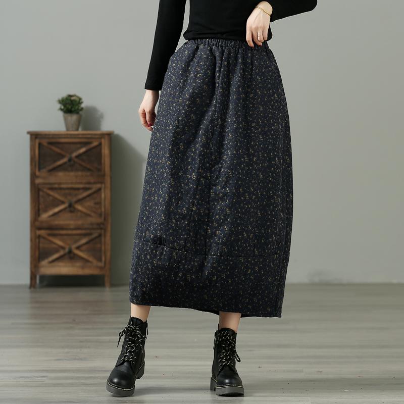 Winter Retro Floral Casual Loose Cotton Linen Skirt Dec 2021 New Arrival One Size Navy 