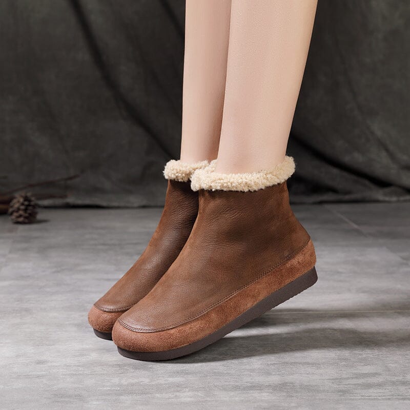 Winter Retro Frosted Leather Woolen Flat Boots