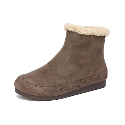 Winter Retro Frosted Leather Woolen Flat Boots