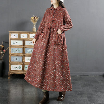 Winter Retro Furred Cotton Linen Floral Dress Oct 2022 New Arrival M Red 