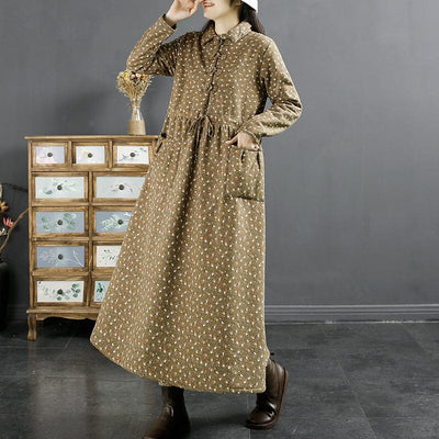 Winter Retro Furred Cotton Linen Floral Dress Oct 2022 New Arrival M Yellow 