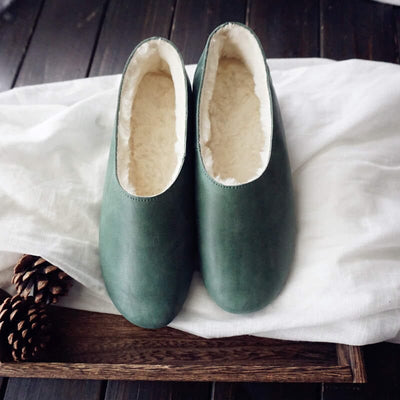 Winter Retro Handmade Leather Furred Casual Shoes Dec 2022 New Arrival 34 Green 