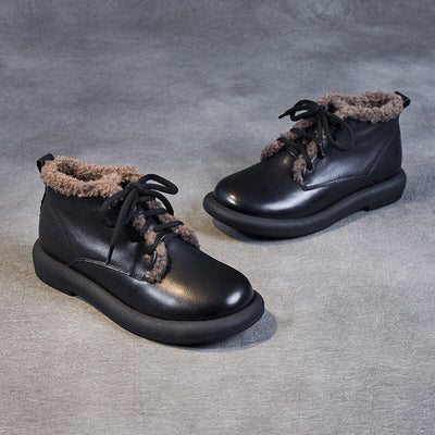 Winter Retro Leather Warm Furred Flat Ankle Boots