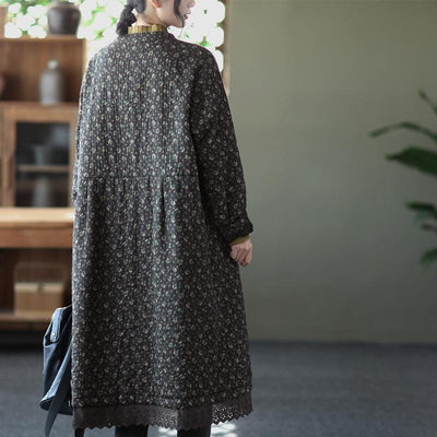 Winter Retro Loose Linen Quilted Floral Overcoat