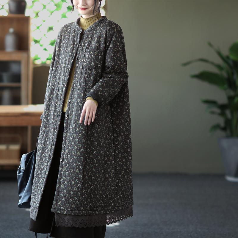 Winter Retro Loose Linen Quilted Floral Overcoat Dec 2021 New Arrival 