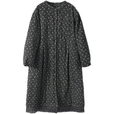 Winter Retro Loose Linen Quilted Floral Overcoat