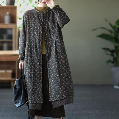 Winter Retro Loose Linen Quilted Floral Overcoat Dec 2021 New Arrival One Size Black 