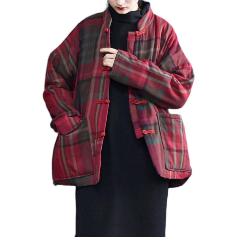 Winter Retro Loose Red Plaid Cotton Linen Coat Nov 2020-New Arrival 