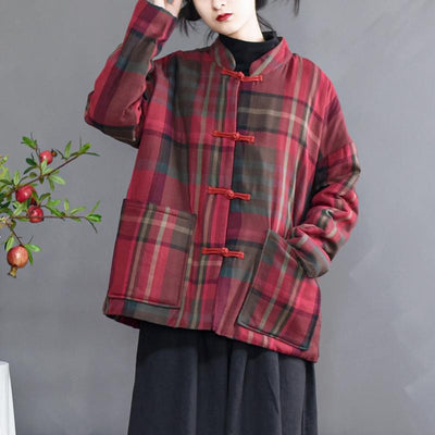 Winter Retro Loose Red Plaid Cotton Linen Coat