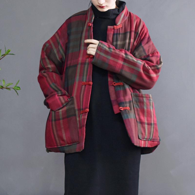 Winter Retro Loose Red Plaid Cotton Linen Coat Nov 2020-New Arrival One Size Red 