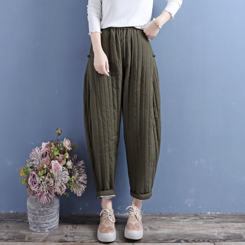 Winter Retro Padded Cotton Linen Loose Pants Oct 2022 New Arrival One Size Green 