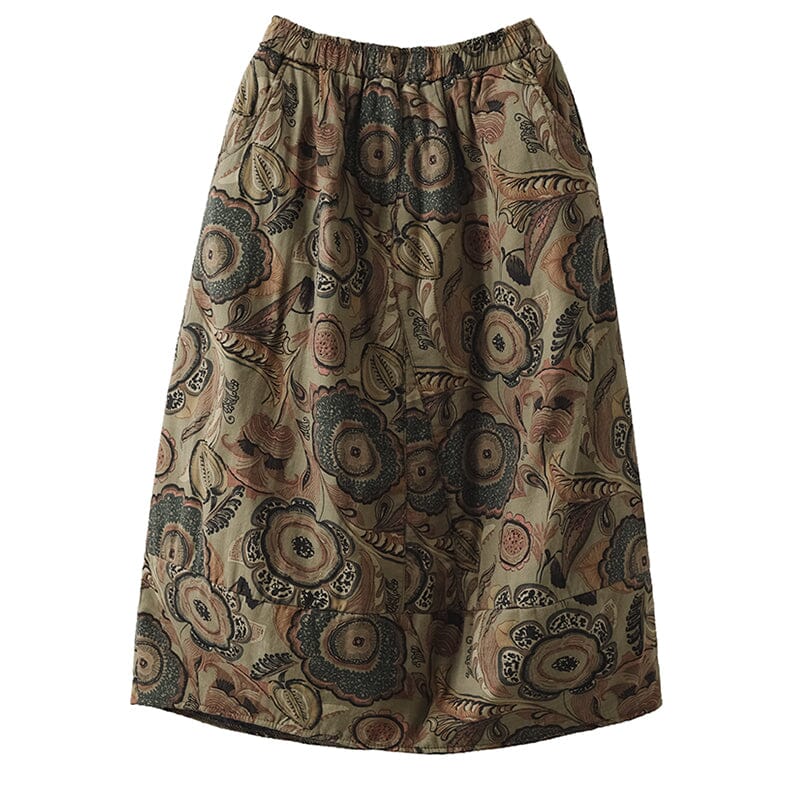Winter Retro Print Cotton Linen Quilted Skirt