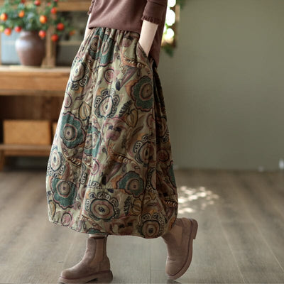 Winter Retro Print Cotton Linen Quilted Skirt