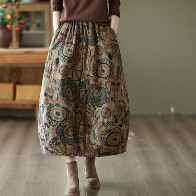 Winter Retro Print Cotton Linen Quilted Skirt Nov 2022 New Arrival One Size Khaki 