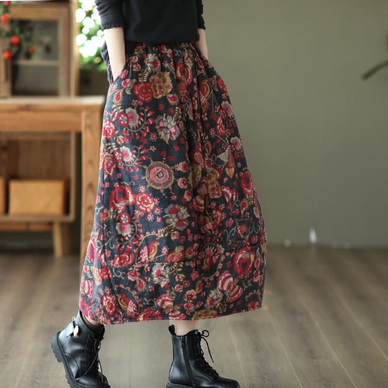 Winter Retro Print Cotton Linen Quilted Skirt Nov 2022 New Arrival One Size Red 