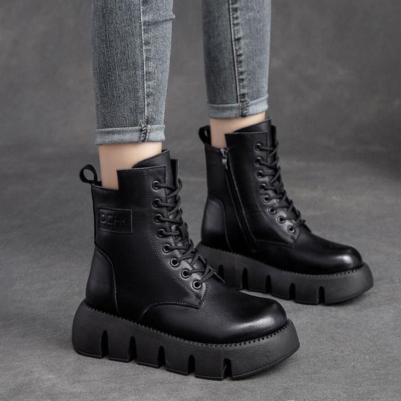 Winter Retro Thick Wool Casual Leather Handmade Boots Dec 2021 New Arrival 35 Black 