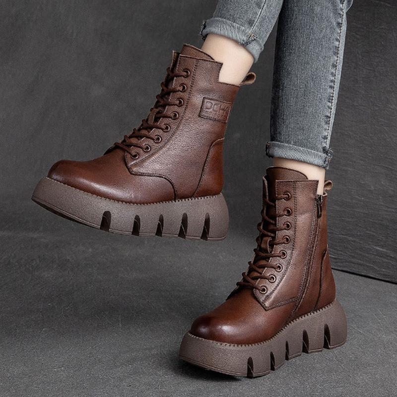 Winter Retro Thick Wool Casual Leather Handmade Boots Dec 2021 New Arrival 35 Brown 