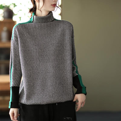 Winter Retro Turtleneck Patchwork Knitted Sweater Dec 2021 New Arrival One Size Black 