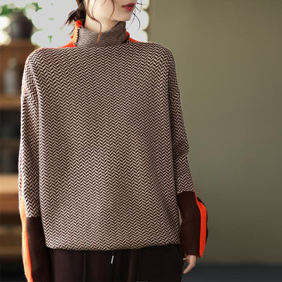 Winter Retro Turtleneck Patchwork Knitted Sweater Dec 2021 New Arrival One Size Coffee 