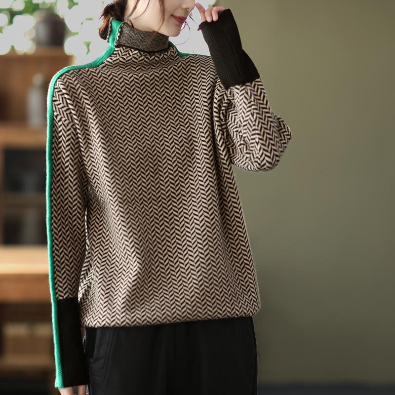 Winter Retro Turtleneck Patchwork Knitted Sweater Dec 2021 New Arrival One Size Khaki 