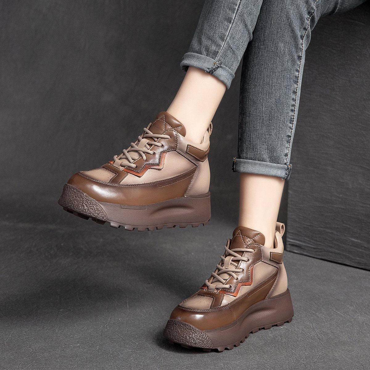 Winter Spring Color Matching Retro Leather Casual Shoes