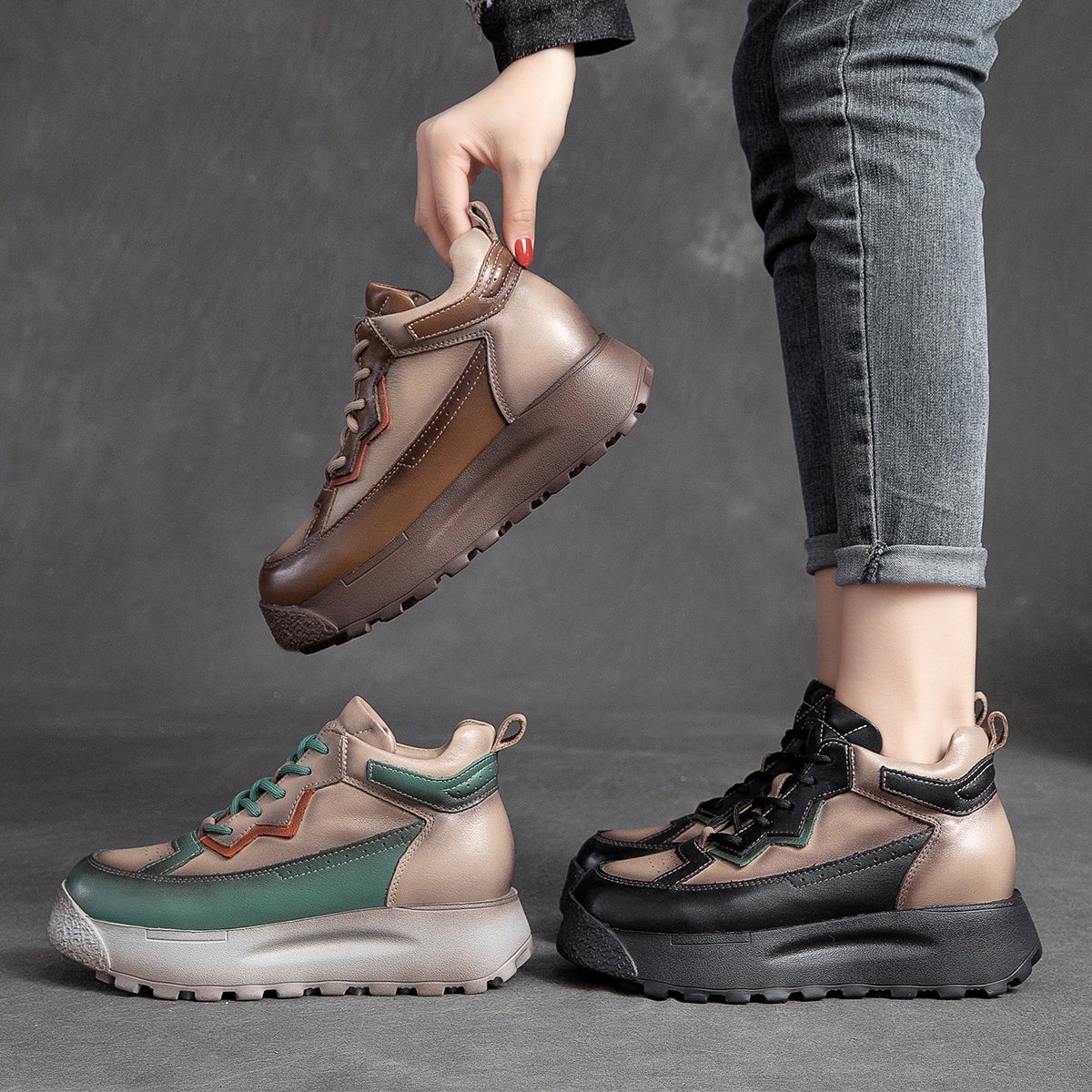Winter Spring Color Matching Retro Leather Casual Shoes