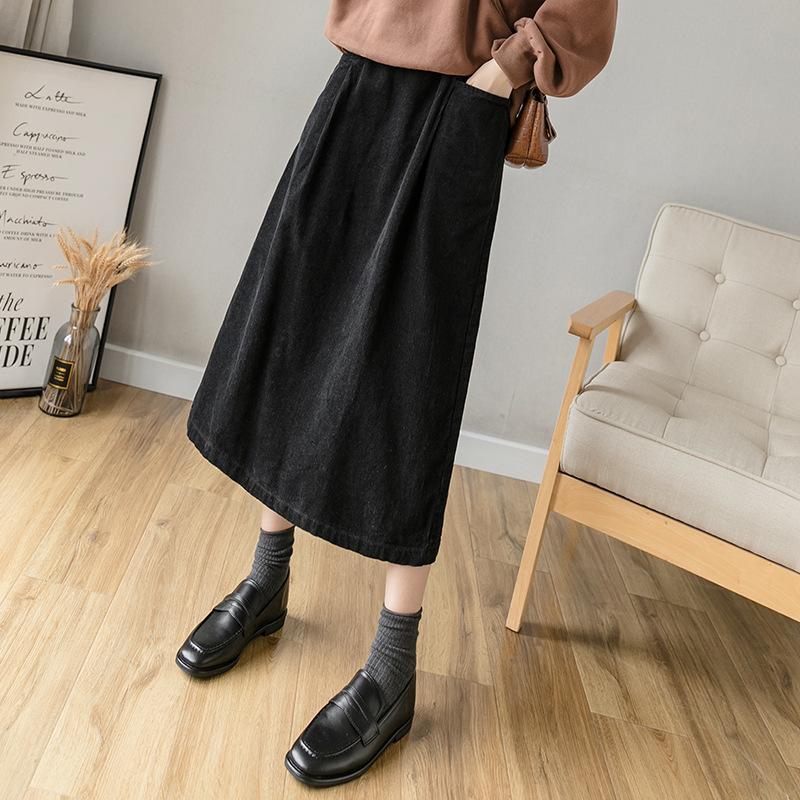 Winter Spring Retro Corduroy Cotton A-Line Skirt Dec 2021 New Arrival S Black 