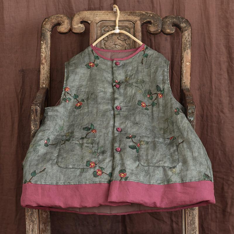 Winter Spring Retro Cotton Padded Floral Linen Vest Dec 2021 New Arrival One Size Green 