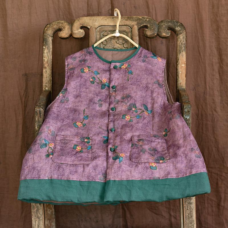 Winter Spring Retro Cotton Padded Floral Linen Vest Dec 2021 New Arrival One Size Purple 