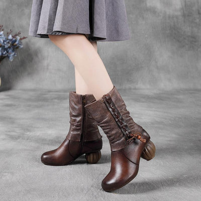 Winter Spring Retro Leather Faux Fur Boots Dec 2021 New Arrival 35 Coffee 