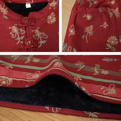 Winter Thick Plush Floral Retro Cotton Linen Dress