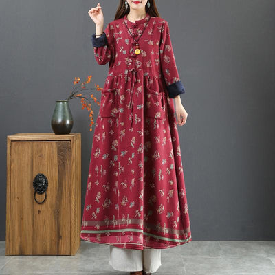 Winter Thick Plush Floral Retro Cotton Linen Dress Nov 2020-New Arrival M Wine Red 