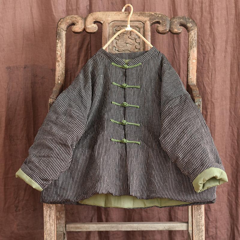 Winter Vintage Stripe Cotton Padded Linen Coat